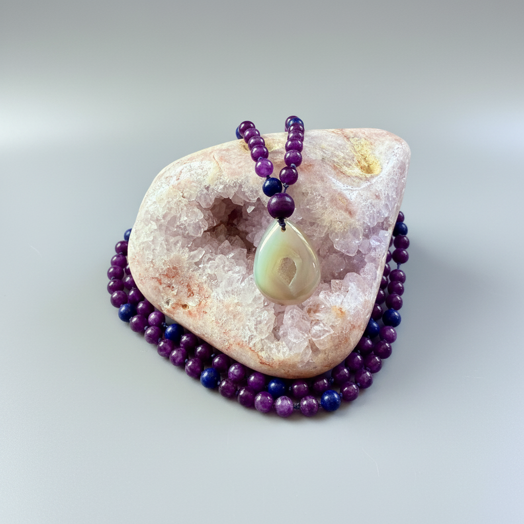 108 Bead Amethyst & Lapis Lazuli Mala with Studio Background