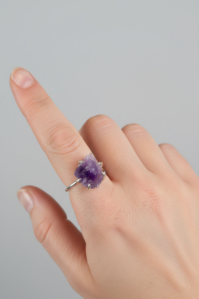 Raw Amethyst 925 Silver Claw Ring