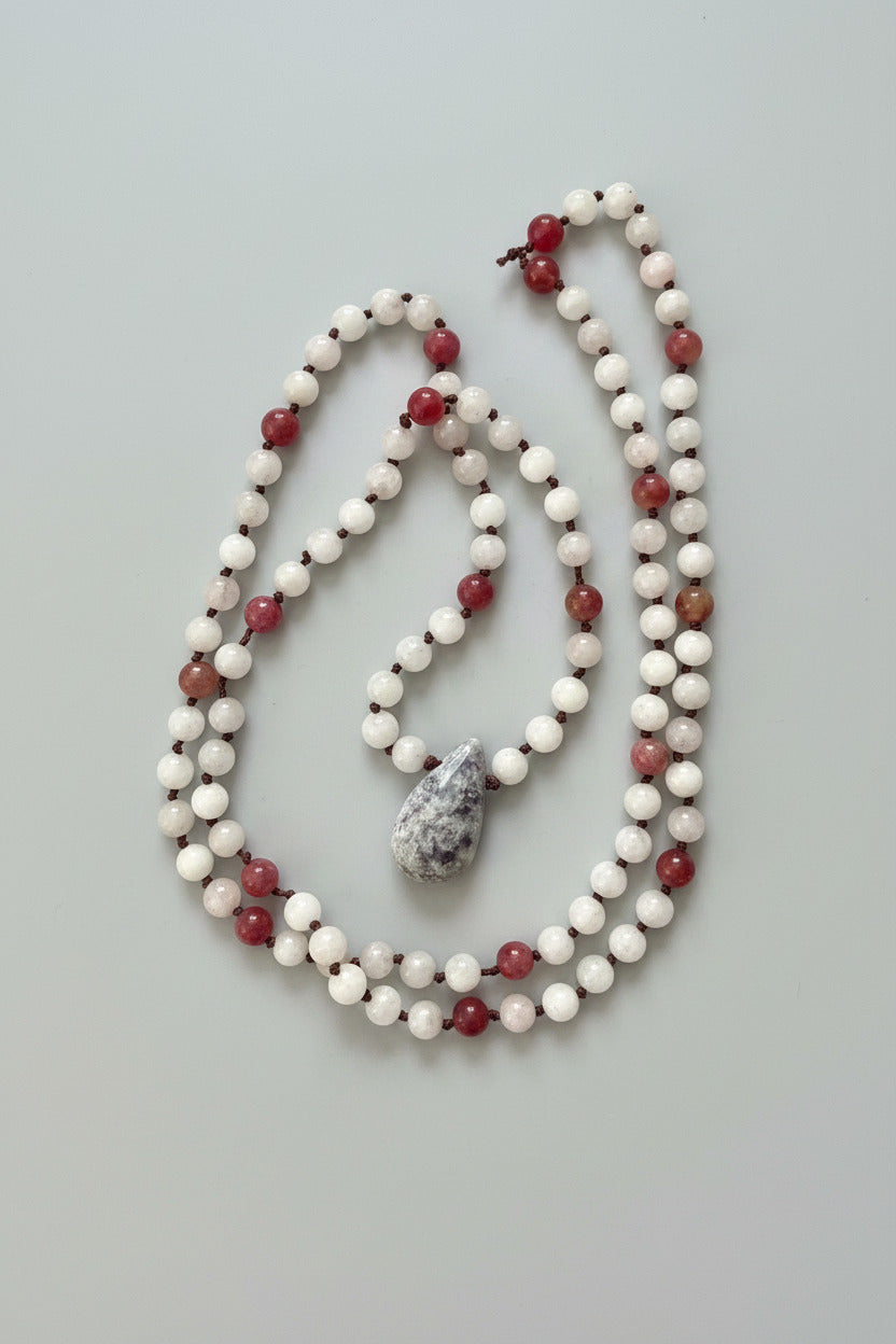 Self-Compassion Mala: 108 Bead Rose Quartz & Raspberry Jade Mala with Lepidolite Guru Bead