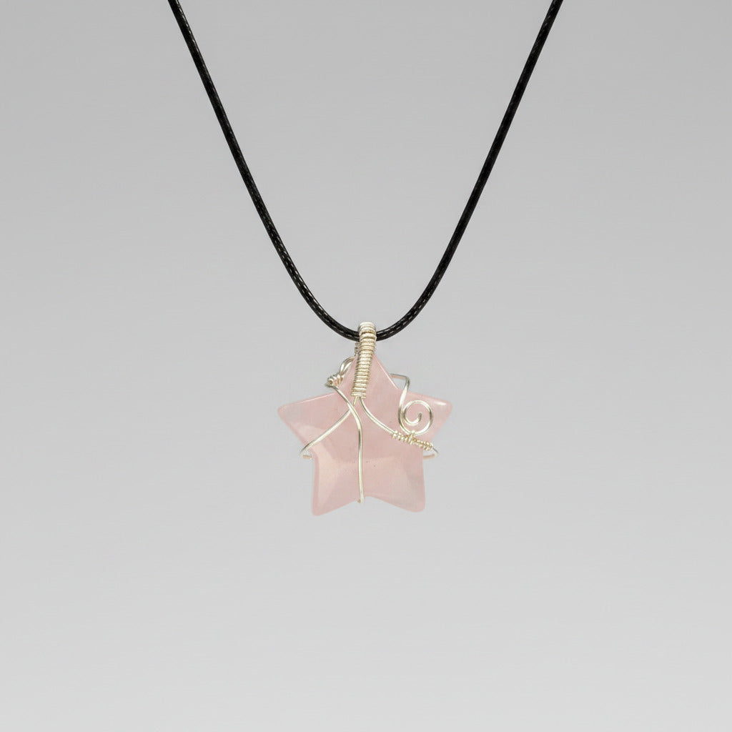 Rose Quartz Star Pendant Necklace – Silver Plated Wire Wrap