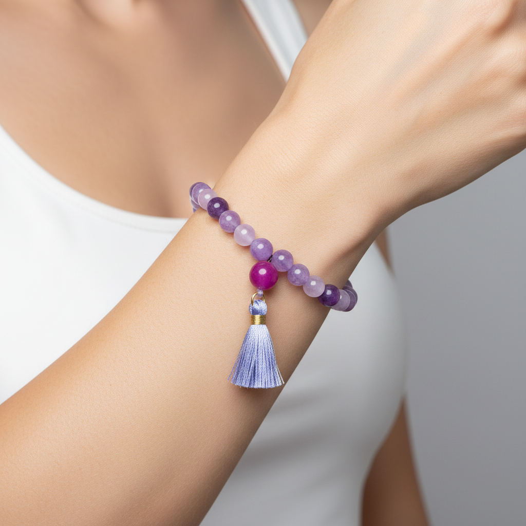 Lepidolite & Rose Quartz Mala Bracelet on Wrist
