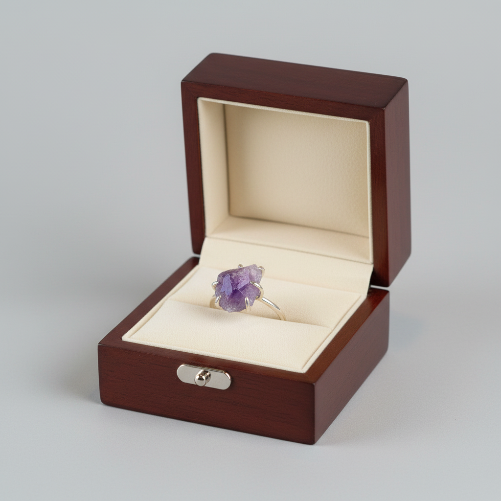 Raw Amethyst 925 Silver Claw Ring in Ring Box