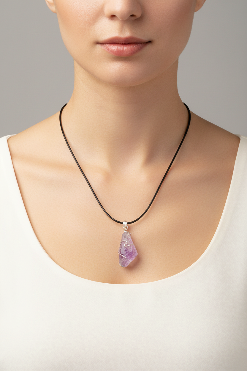 Raw Amethyst Wire Wrapped Pendant Necklace on Female Model